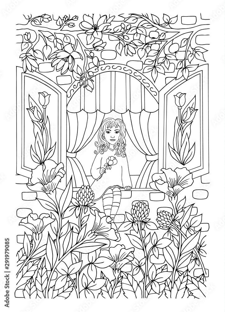 Obraz premium Illustration zentangl. Girl sits on a window sill at home among the flowers. Coloring book. Antistress for adults and children.