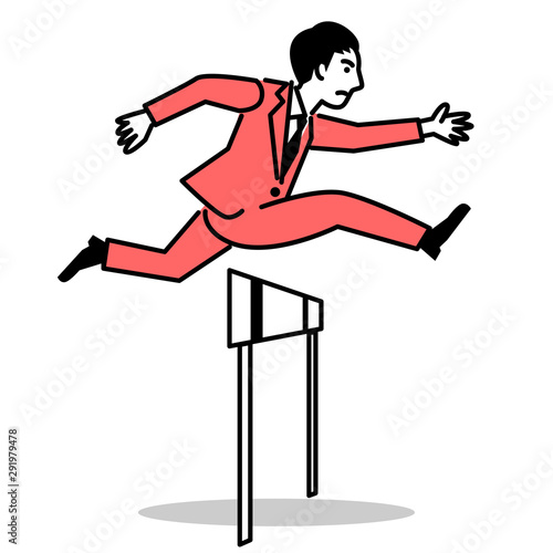 Business man jumping over hurdle. Vector illustration.