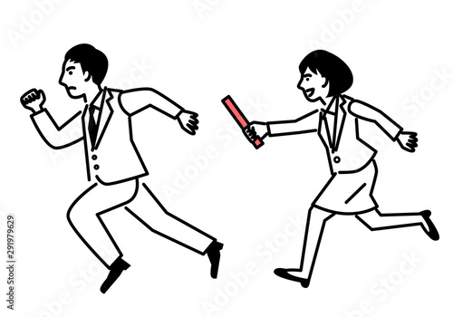 Passing the baton from woman to man. Vector illustration.