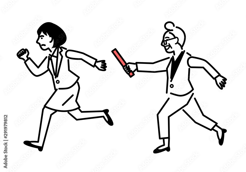 Passing the baton from elderly woman to young woman. Vector illustration.
