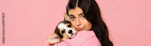 young woman holding cute Corgi puppy  isolated on pink