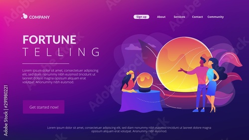 Magical divination and cartomancy. Gipsy soothsayer, prophet with clients. Fortune telling, fortune teller online, tarot reading services concept. Website homepage landing web page template.
