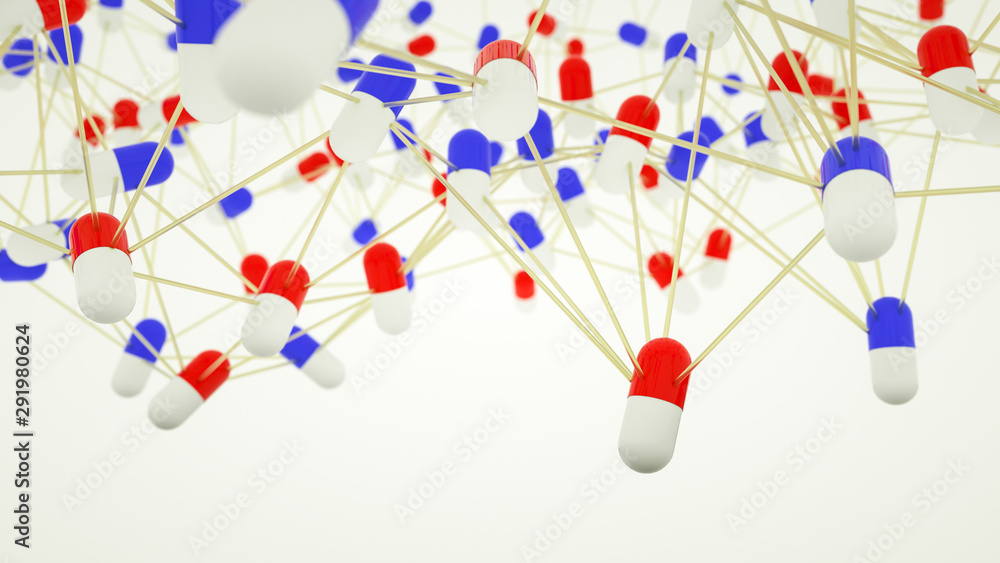 Medical abstract background. red-white and blue capsule-shaped tablets connected by tra Medical abstract background. red-white and blue capsule-shaped tablets connected by tra