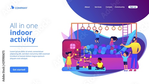 Children nursery, day care center. Active childhood recreation. Playroom for kids, best Indoor playgrounds, all in one indoor activity concept. Website homepage landing web page template.