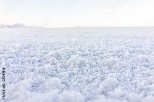 Macro closeup low angle ground level view on texture of Bonneville salt flats with wet salt on ground abstract with horizon © Kristina Blokhin
