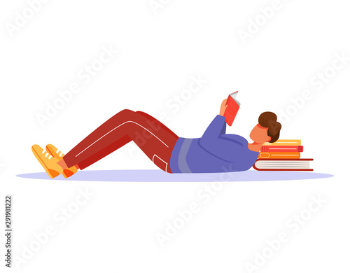 Young man reading book flat vector illustration. Guy studying publication, putting stack of textbooks under his head. Student preparing for exams isolated cartoon character on white background