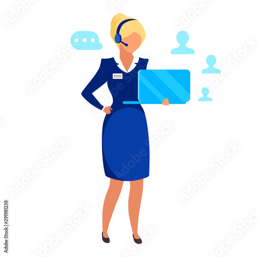 Female entrepreneur flat vector illustration. Successful businesswoman, telemarketing agent isolated cartoon character on white background. HR manager, recruiter, call center operator with headset