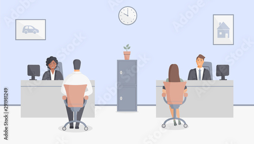 Bank office or insurance company: bank employees sitting behind tables and serving bank customers. Elegant interior with wall clock and paintings with house and car.Safe.Vector illustration