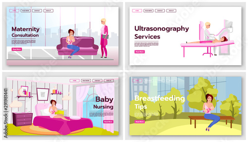 Motherhood and childcare landing page template set. Breastfeeding website interface idea with flat illustrations. Baby nursing, woman health screening homepage layout. Web banner, webpage concept