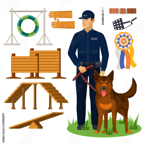 Dog trainer and agility obstacles. Policeman