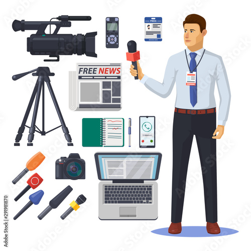 News reporter with microphone. Journalism item
