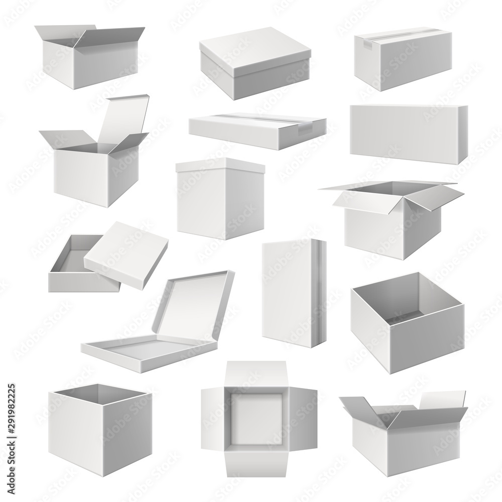 Set of realistic white boxes for cargo delivery Set of realistic white boxes for cargo delivery
