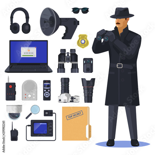 Detective items near spy or investigation officer