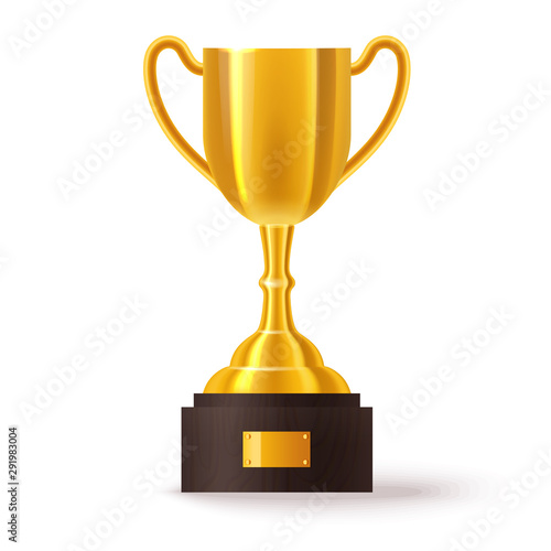 Realistic golden trophy or sport cup on stand