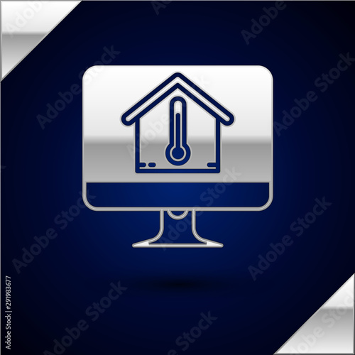 Silver Computer monitor with house temperature icon isolated on dark blue background. Thermometer icon. Vector Illustration
