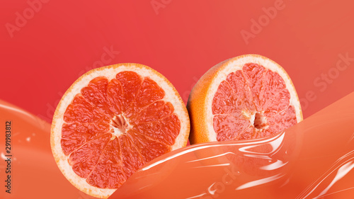 Slices of juicy grapefruit on red background