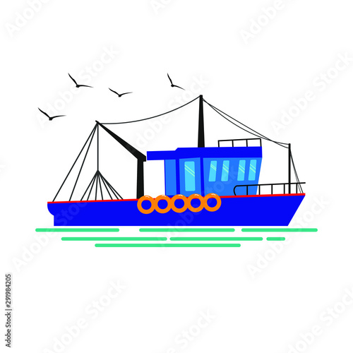 Fishing boat, seagulls vector illustration. Cartoon style.