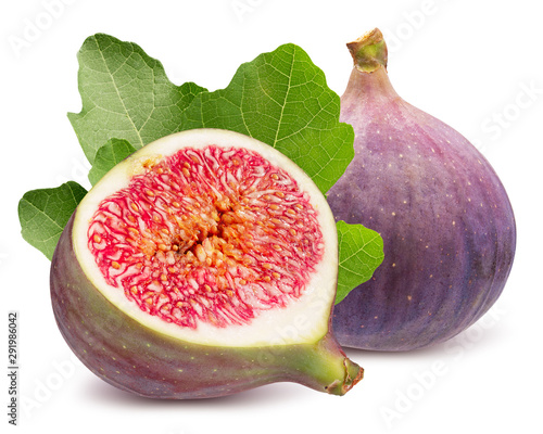 fig with half of fig and leaves isolated on a white background photo