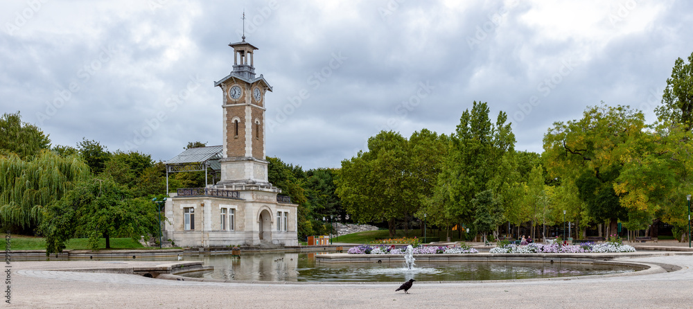 Panoramic view of George Brassens Public Park located in the 15th arrondissement on a cloudy day