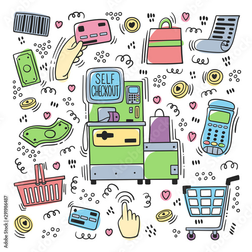 Self-service cashier or terminal doodle. Vector set on 'Self Checkout' shop cashier hand drawn. Self service cash desk with cash machine, money bill, plastic card,  check, hand with card. - Vector