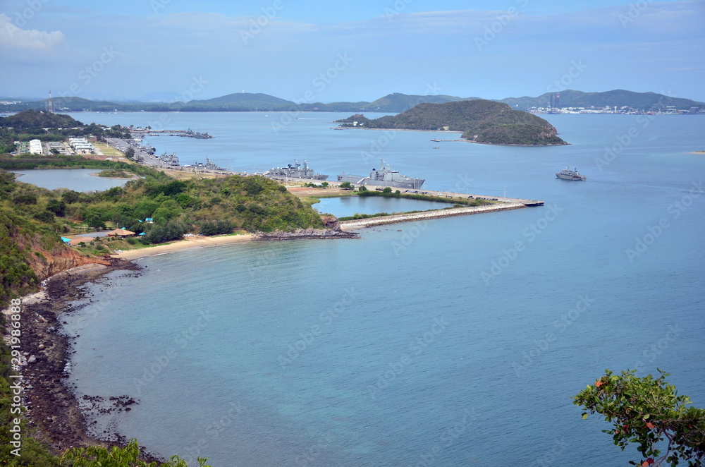 The marina of Sattahip Naval Base, Thailand, viewed from the top of the hill	