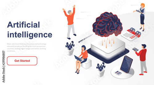 Isometric landing page artificial intelligence flat concept. Robot and computer network for website or homepage. Isometric vector illustration template.
