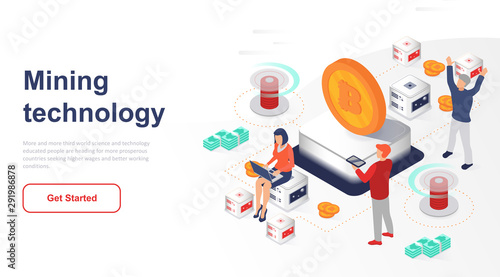 Isometric landing page cryptocurrency exchange or mining flat concept. Network infrastructure for cryptocurrency mining for website or homepage. Isometric vector illustration template.