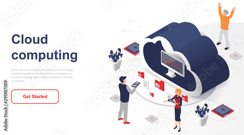 Isometric landing page cloud computing or technology flat concept. Digital service for storing data on mobile and computer devices for website or homepage. Isometric vector illustration template.