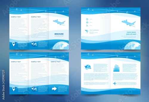 Business brochure design template folder leaflet booklet airplate takeoff transtortation blue color