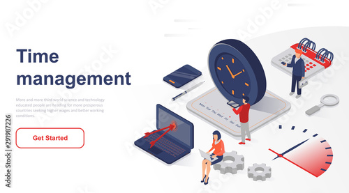Isometric landing page business time management flat concept. Prioritizing organization for effective productivity for website or homepage. Isometric vector illustration template.