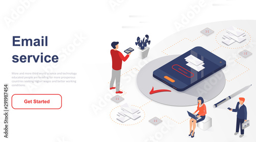 Isometric landing page email service or mobile app flat concept. Webmail or mobile app to send letters for website or homepage. Isometric vector illustration template.