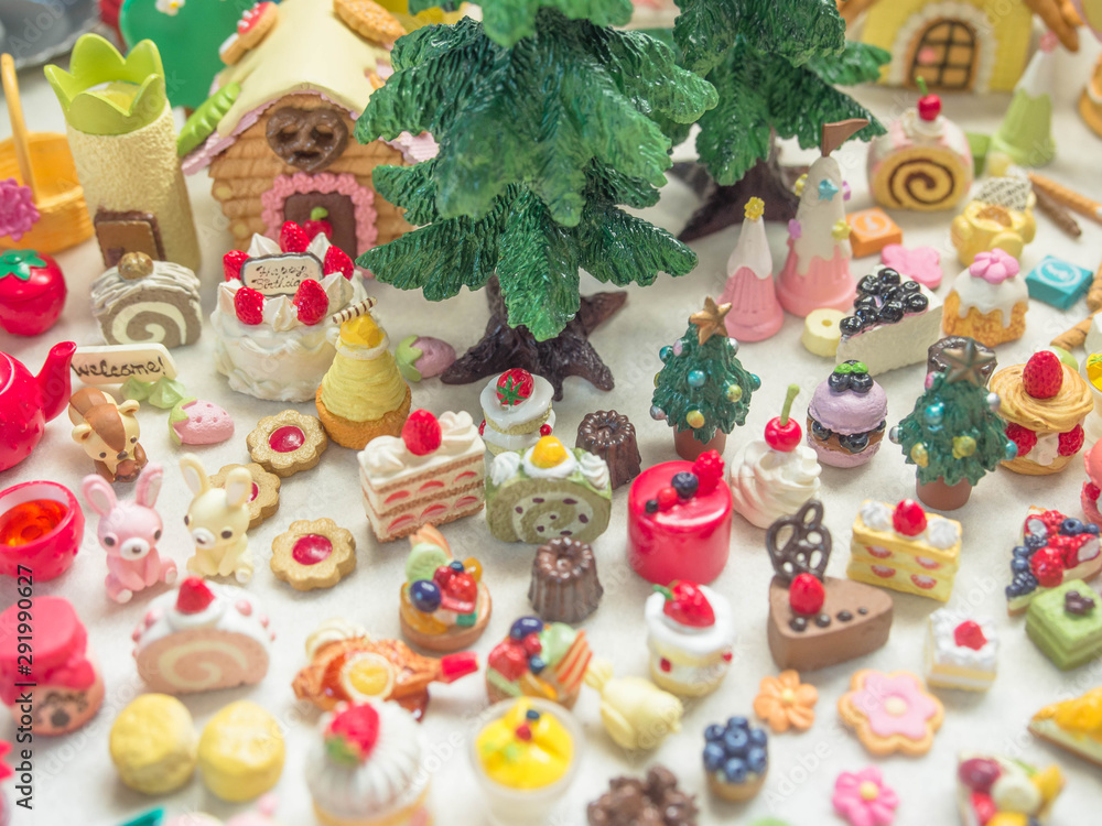 Merry Chrismas with a lot of miniature toys. Sweet party, dessert table toy concept.