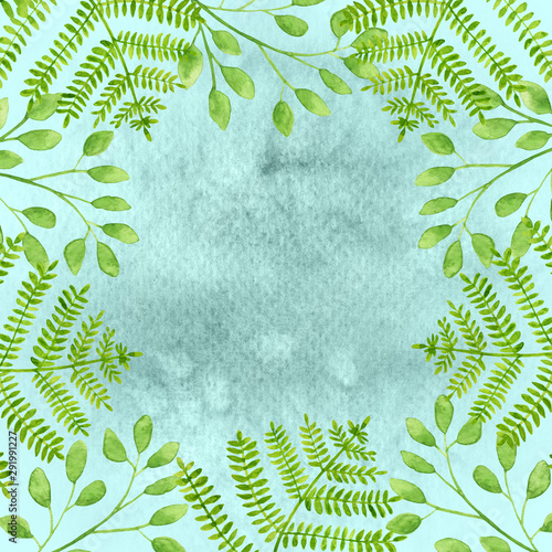 Watercolor green fern, eucalyptus leaves frame. Hand drawn square botanical t...