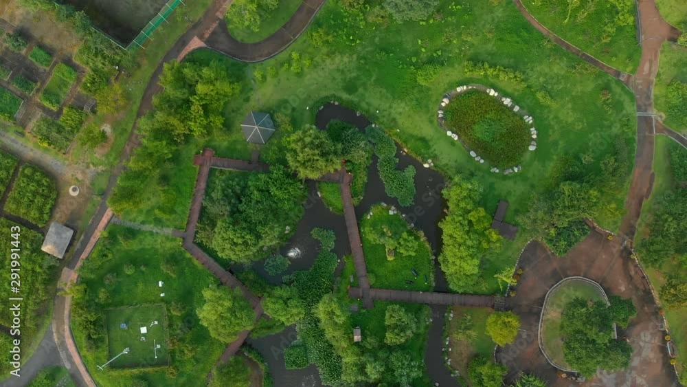 Aerial shot of a beautiful park with green lawns and small river Aerial shot of a beautiful park with green lawns and small river