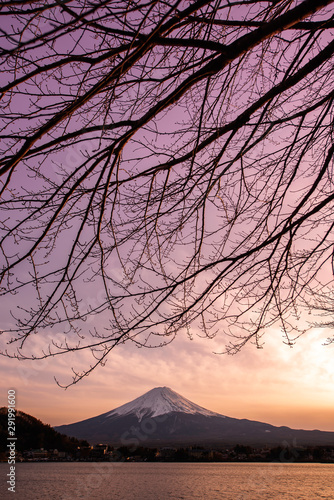 Sunset at Fuji mountain and Kawaguchiko lake , winter seasons Fuji mountain at yamanachi in Japan photo