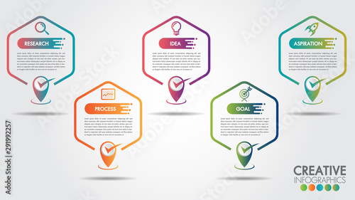 Business infographics Hexagon 5 steps or options. timeline with copy space and business icon. Vector illustrator design template.