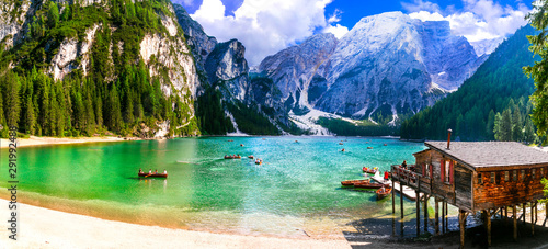 Breathtaking Alpine scenery, Dolomite mountains. beautiful lake Lago di Braies. northen Italy