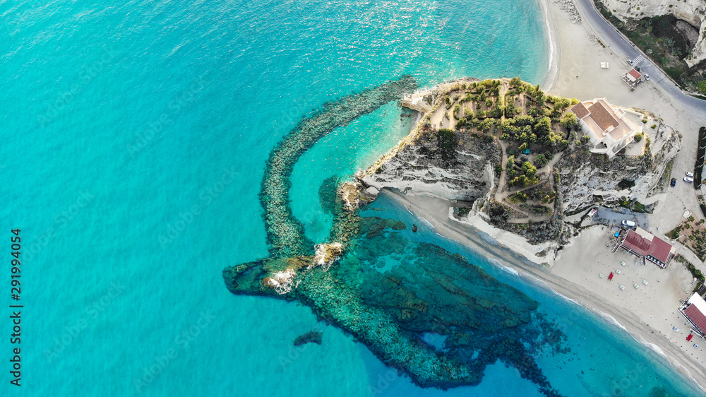 Aerial view in Tropea Italian town in Calabria with the Breakwaters in front of Santa Maria dell'Isola Monastery
