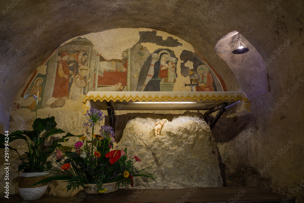 Nativity Cave in Hermitage Shrine (Santuario di Greccio) erected by St. Francis of Assisi. In