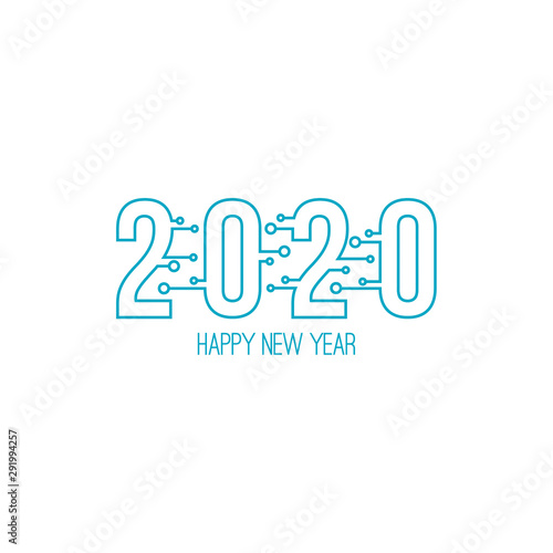 Happy new year 2020 text design with high tech circuit board texture. Vector illustration.