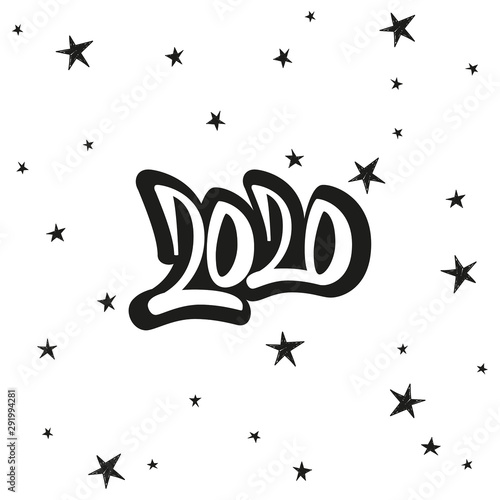 Greeting card design template with star and calligraphy for 2020 happy new year. Black number 2020 hand drawn lettering.