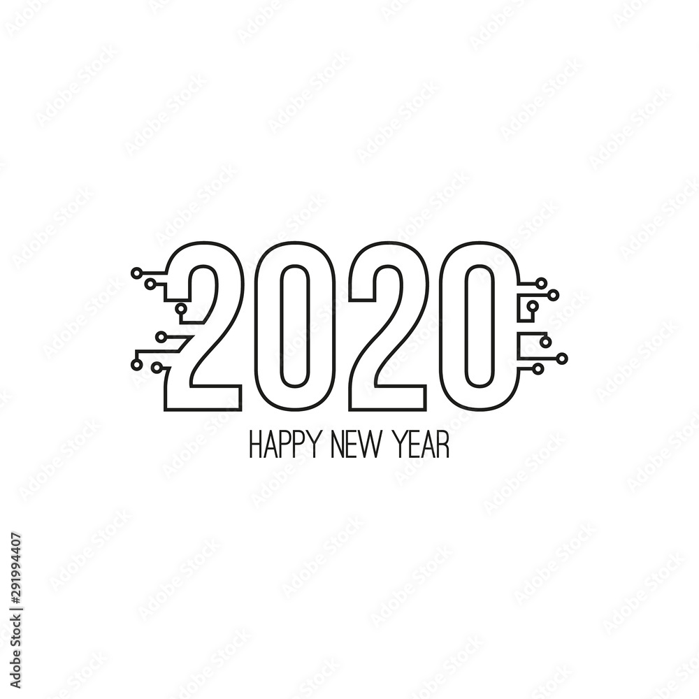 Plakat Happy new year 2020 text design with high tech circuit board texture. Vector illustration.