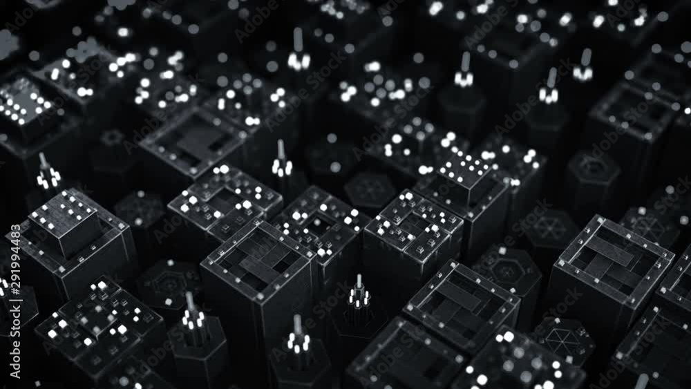 Array of black industrial units. Sci-fi or technology design. Seamless loop 3D render animation with DOF Array of black industrial units. Sci-fi or technology design. Seamless loop 3D render animation with DOF