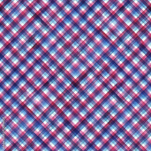 Watercolor diagonal stripe plaid seamless pattern. Blue and pink stripes on white background