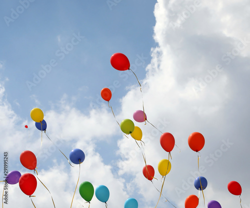 Картината върху платно colored balloons fly up towards the sky