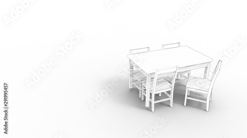 3d rendering of a white table and chairs isolated in white studio background