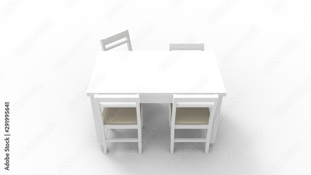 3d rendering of a white table and chairs isolated in white studio background 3d rendering of a white table and chairs isolated in white studio background