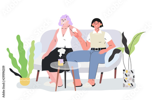 A girl with a depression in a psychotherapist office crying and talking about her problems. Psychological help and support for sad gloomy woman having hardships and trying to overcome life obstacles.