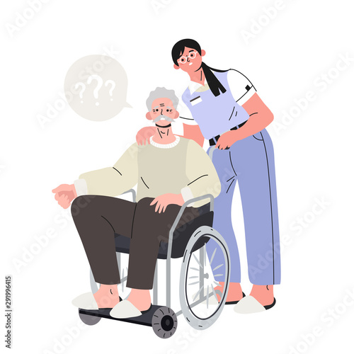 An elderly man with Alzheimer’s disease and question marks in an invalid chair with a nurse taking medical care as he has problems with memory, thinking and behavior because of his dementia.