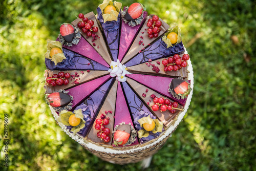 close up of a vegan raw colorful cake with fruit 